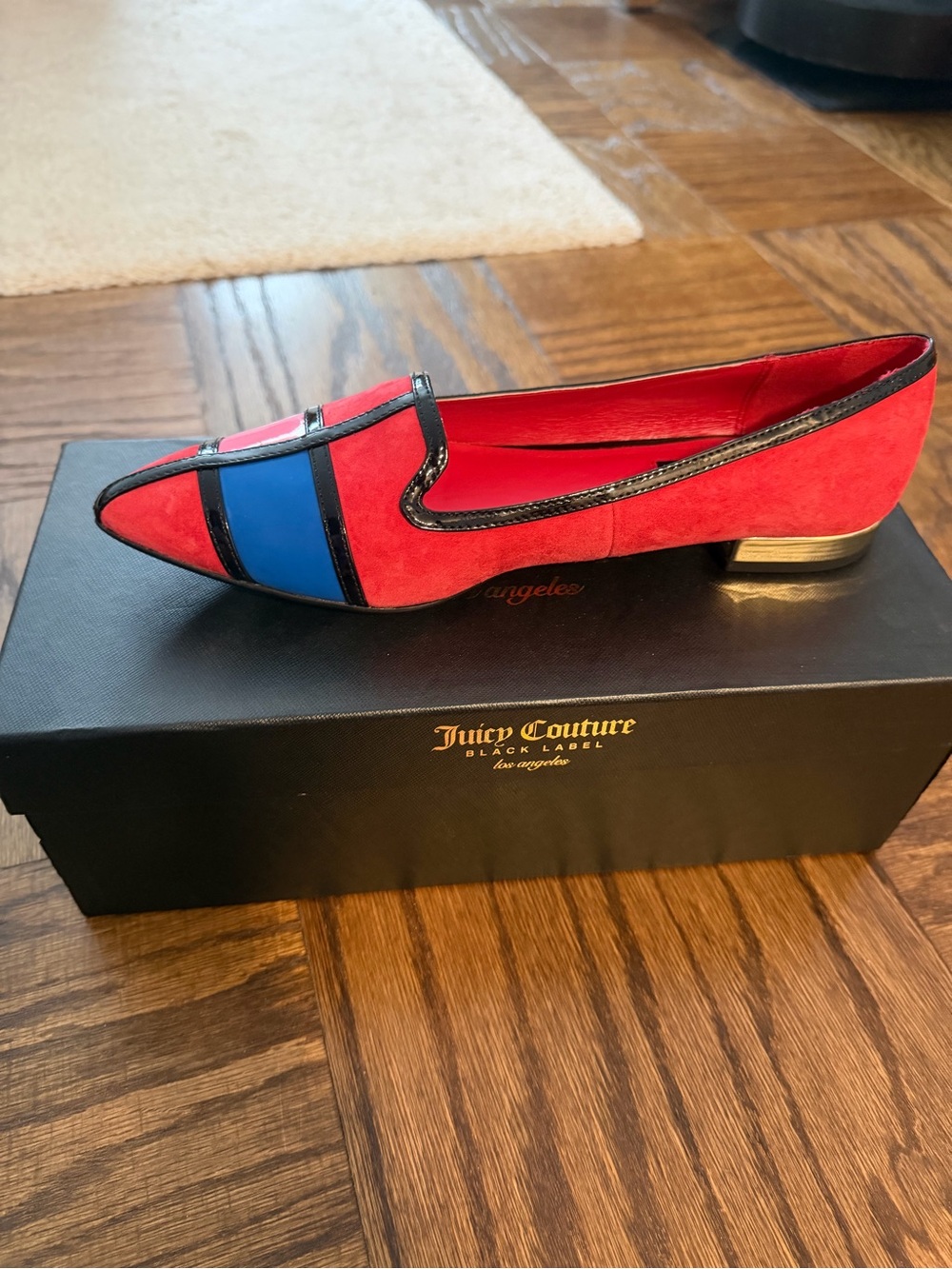 Juicy Couture Red Suede Pointed Toe Flat with Blue and Black Accents